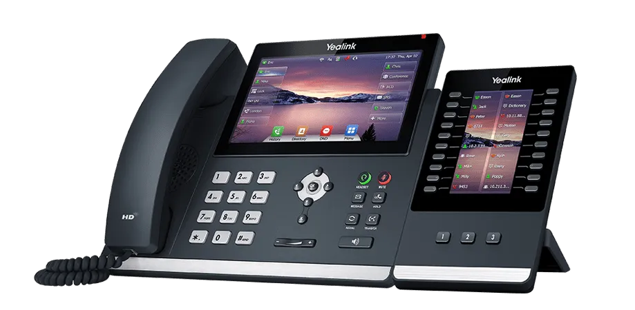 Téléphone IP SIP-T46U, vue de cote avec l'exp43, de marque Yealink - Leader mondial en fourniture et solution de téléphonie VoIP - Partenaire premium d'EISN