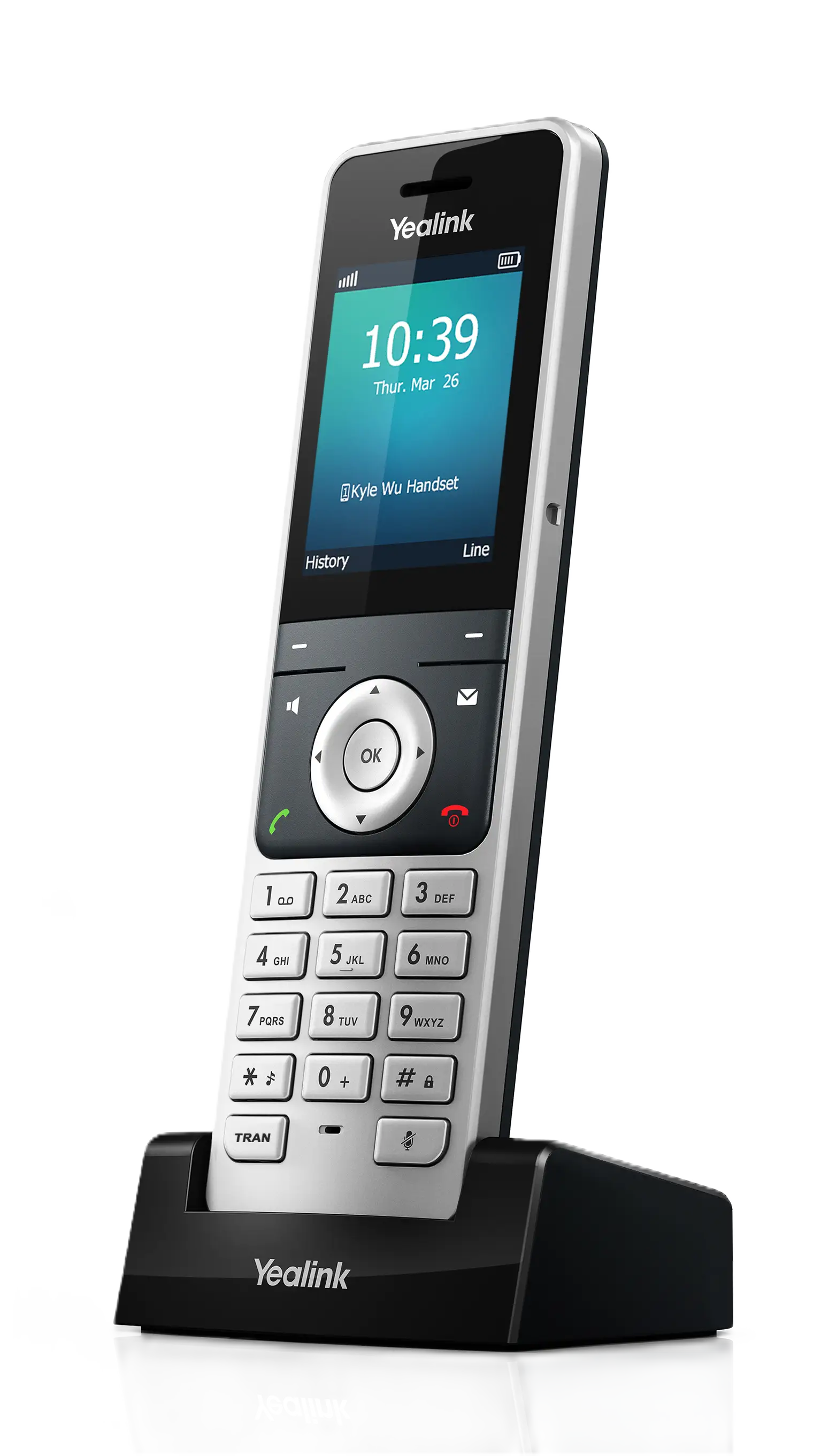 Vue de profil du téléphone DECT Yealink W56H argent et noir