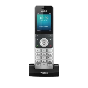 Combiné DECT Yealink W56H vu de face sur son chargeur, écran couleur
