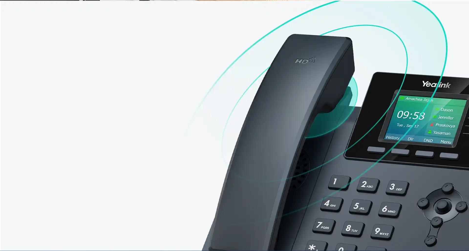 Téléphone IP SIP-T34W, vue de côté avec un signal wifi, de marque Yealink - Leader mondial en fourniture et solution de téléphonie VoIP - Partenaire premium d'EISN