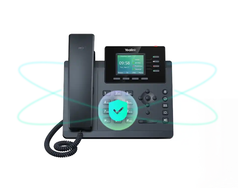 Téléphone IP SIP-T34W, vue de face avec un protecteur, de marque Yealink - Leader mondial en fourniture et solution de téléphonie VoIP - Partenaire premium d'EISN