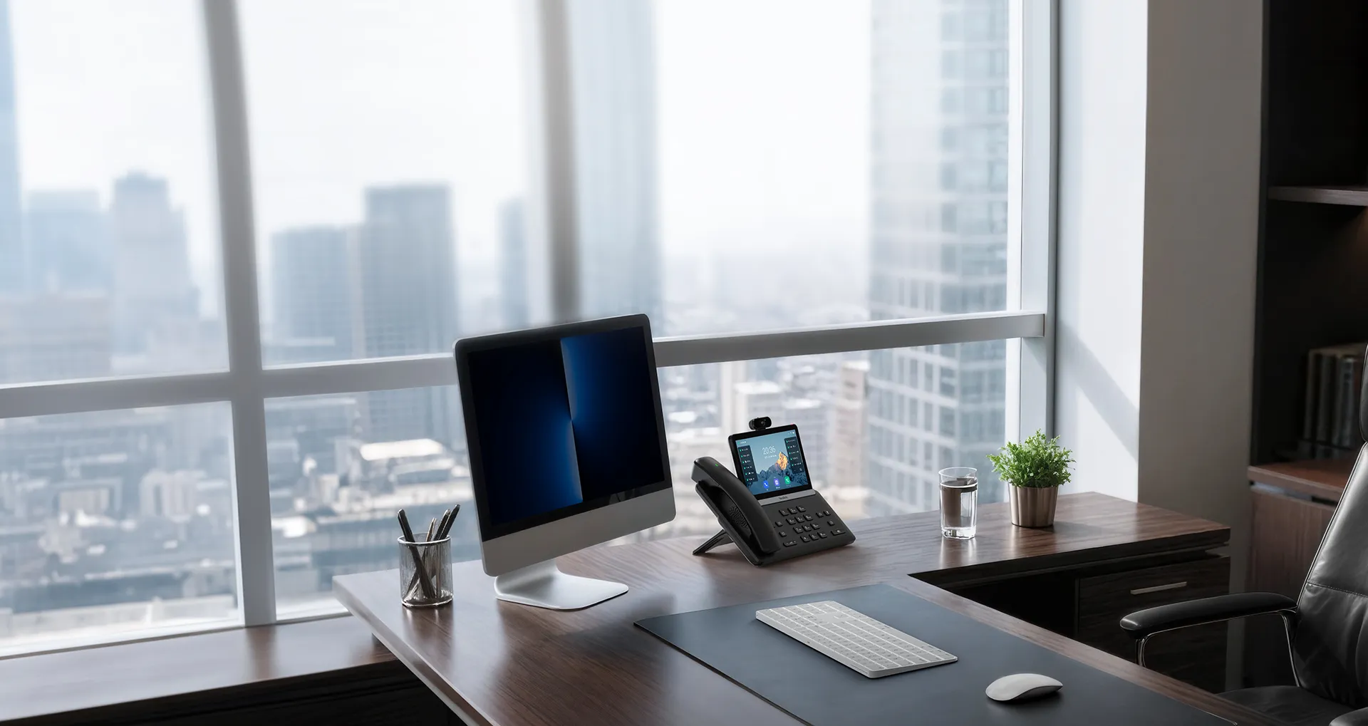 Téléphone IP Android Yealink SIP-T88W Pro sur un bureau d’entreprise moderne