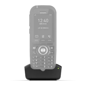 Socle chargeur Snom M70, présenté avec le combiné en grisé