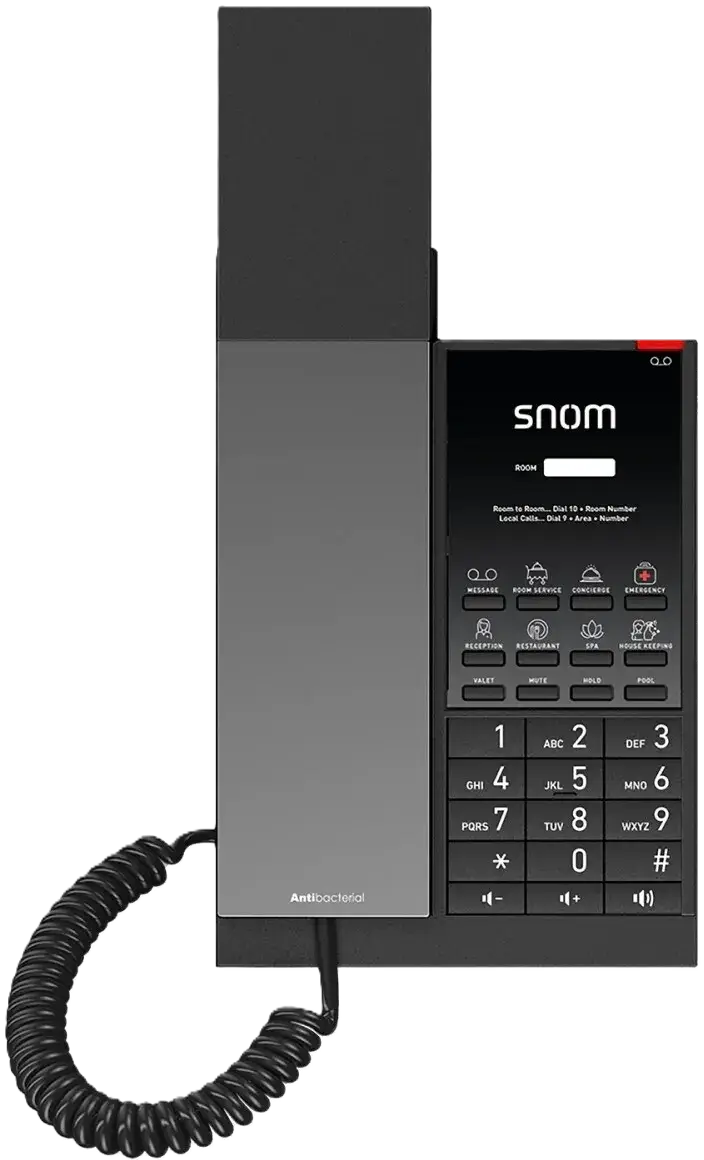 Téléphone hôtelier analogique Snom HD350A design noir bronze. Téléphone de chambre antibactérien Snom HD350A.
