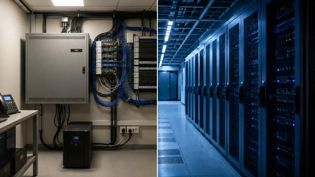 IPBX sur site ou hébergé : armoire téléphonique dans un local technique face à une allée de datacenter