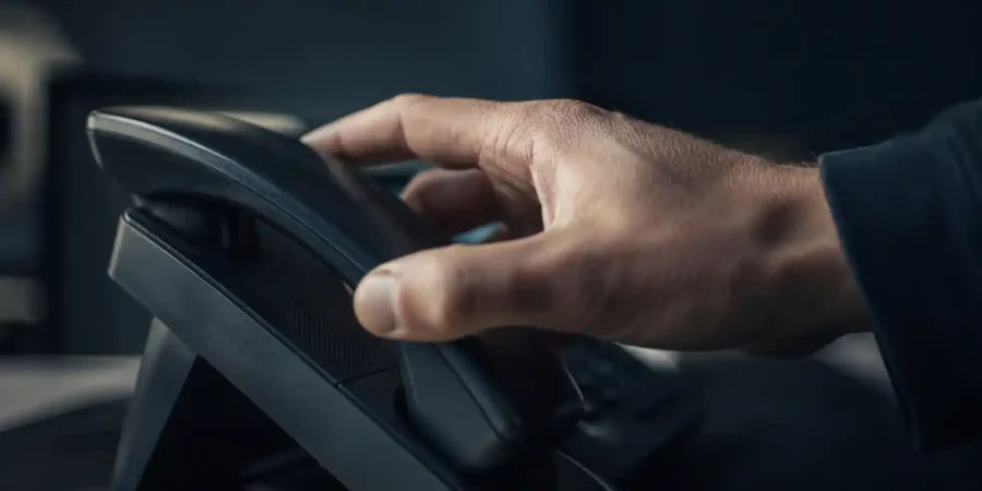Sécuriser sa téléphonie IP : une main repose le combiné d’un téléphone IP de bureau, dans un bureau sombre