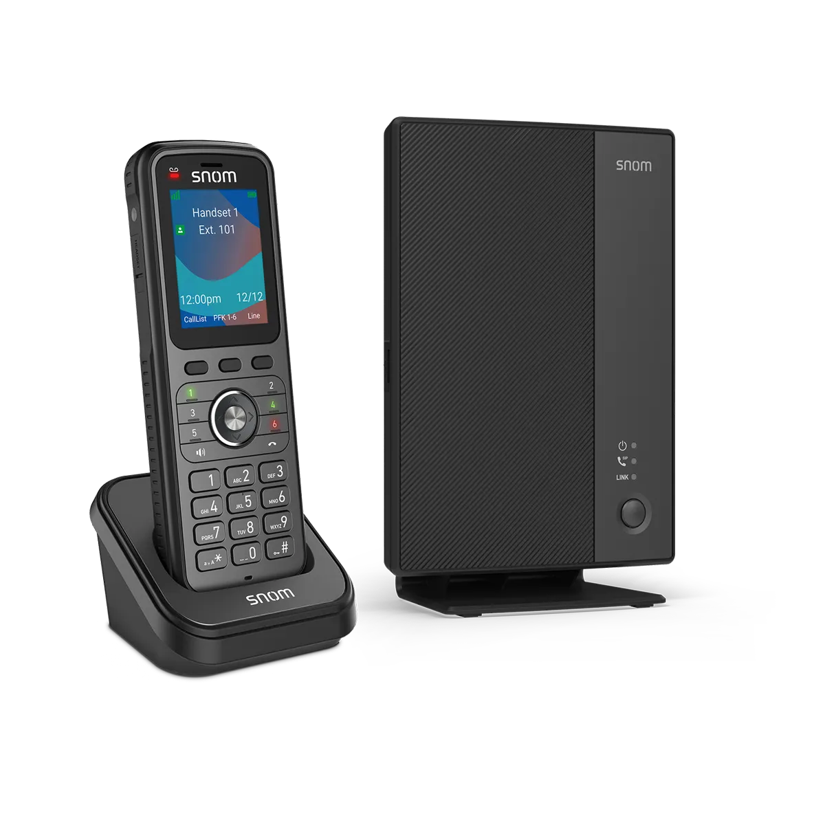 Pack Snom M256 : base DECT M250 et combiné M56 vue de trois quart gauche