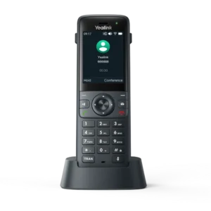 Téléphone Wi-Fi Yealink AX83H vu de face sur son socle de charge