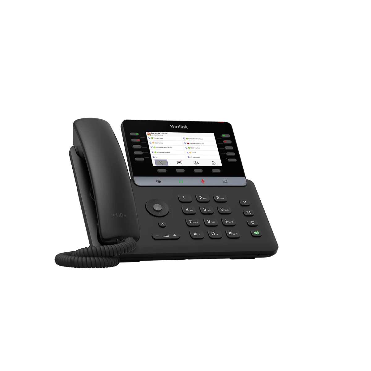Téléphone Microsoft Teams Yealink MP55 E2 vu de trois quarts, écran en mode clair