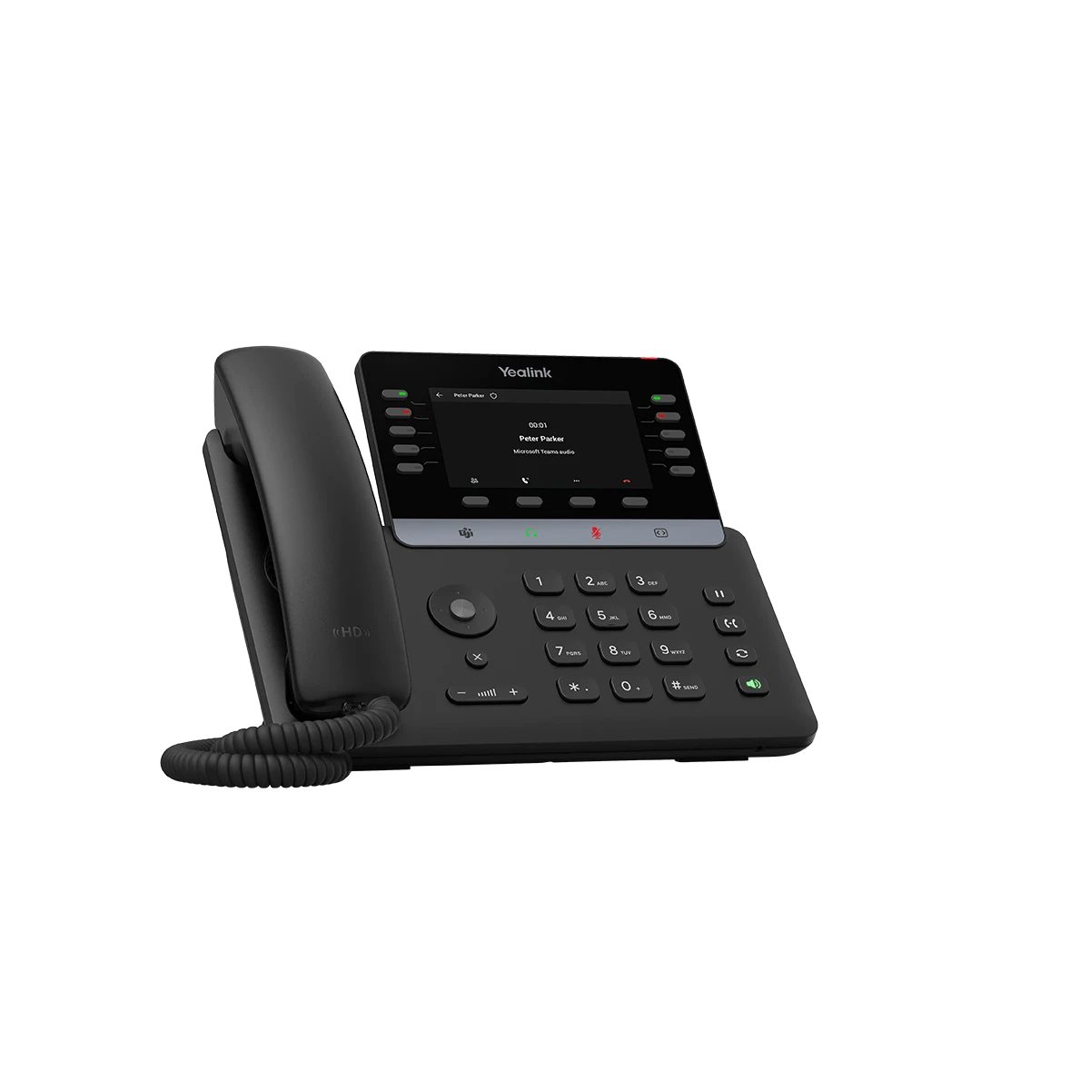 Téléphone Microsoft Teams Yealink MP55 E2 vu de trois quarts, écran en mode sombre
