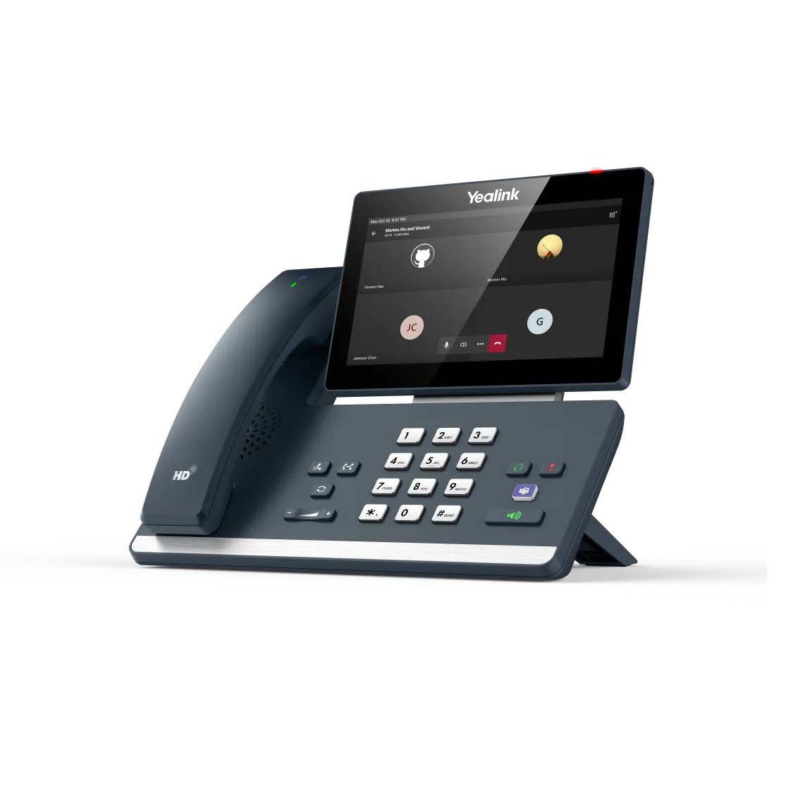 Téléphone Microsoft Teams Yealink MP58 E2 vu de trois quarts, écran en mode sombre