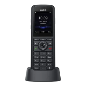 Combiné DECT renforcé Yealink W59R Pro vu de face sur son chargeur, écran couleur